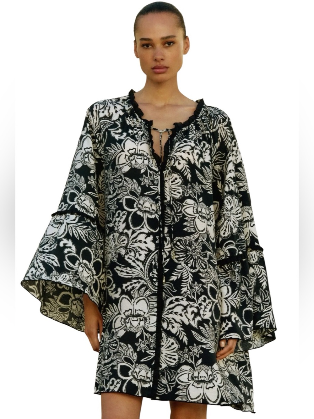 H&M Trumpet Sleeved Black and White Floral Print Tunic Dress